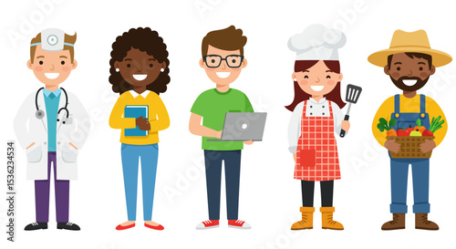 Flat vector-style illustration of diverse characters: doctor, teacher, programmer, chef, farmer. Each character standing and smiling, colorful clothing, white background, cartoonish but clean.