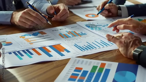Business team analyzing financial reports and charts during a meeting at a wooden table