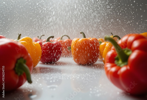Colorful bell peppers being misted with water in a kitchen setting during daylight hours for freshness enhancement