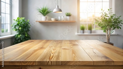 Empty Light Wooden Tabletop in a Sunny Room with Plants