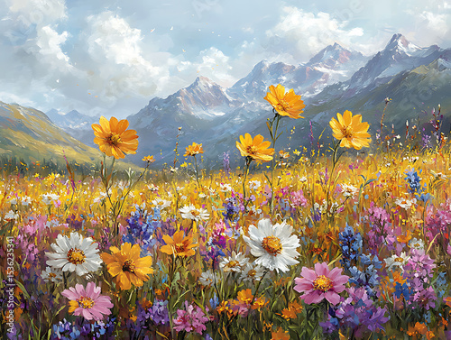 Wildflower Meadow Mockup with Colorful Blooms and Majestic Mountain Background

