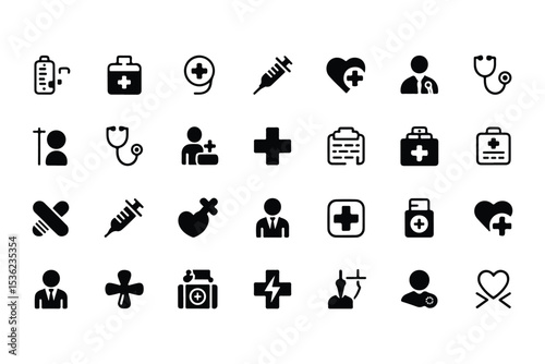 Healthcare glyph icon set. Vector pictograms of medicine, hospital, doctor, nurse, stethoscope, syringe, insurance, emergency, vaccine, pill, general health, black sign silhouette illustration.
