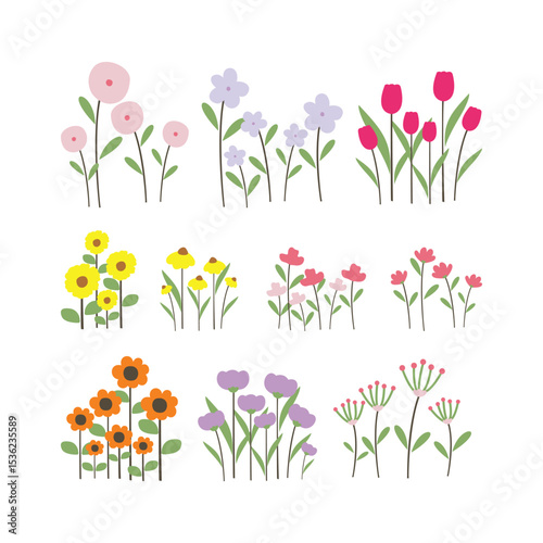 Collection of various beautiful hand-drawn colorful flower arrangements