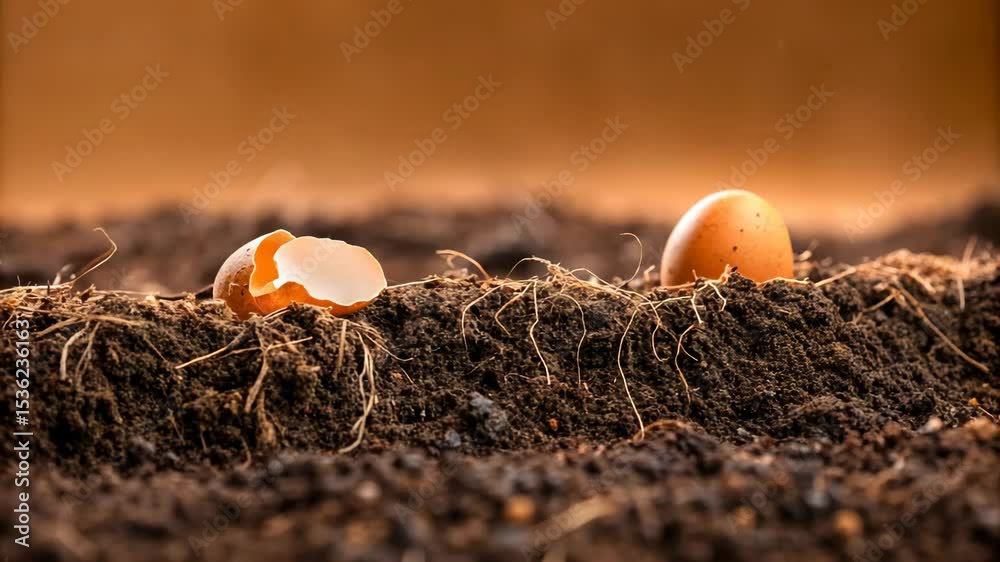A brown eggshell and an intact egg rest gently in rich dark soil representing new life growth and springtime renewal