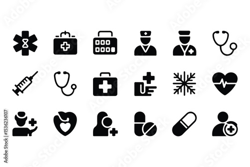 Healthcare glyph icon set. Vector pictograms of medicine, hospital, doctor, nurse, stethoscope, syringe, insurance, emergency, vaccine, pill, general health, black sign silhouette illustration.