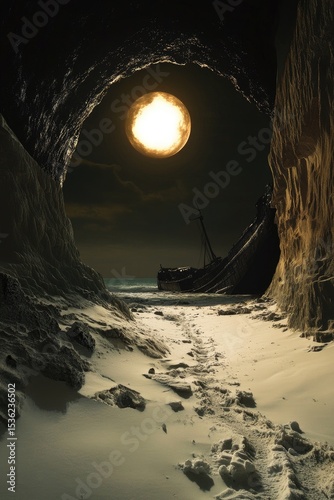 Cave entrance, moonlit beach, shipwreck