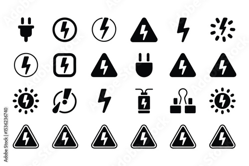 Electrical voltage marking glyph icon set. Vector pictograms of power plug, lightning, hazard, fuse, energy, warning tagout, black sign silhouette illustration.