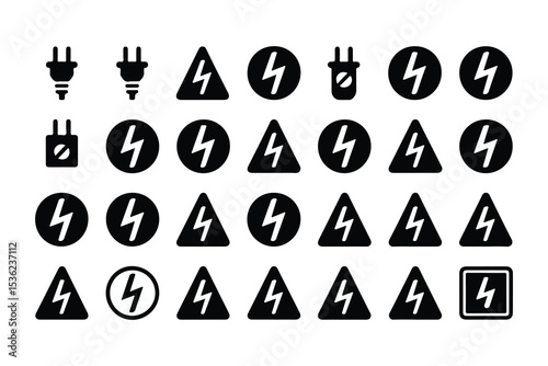 Electrical voltage marking glyph icon set. Vector pictograms of power plug, lightning, hazard, fuse, energy, warning tagout, black sign silhouette illustration.