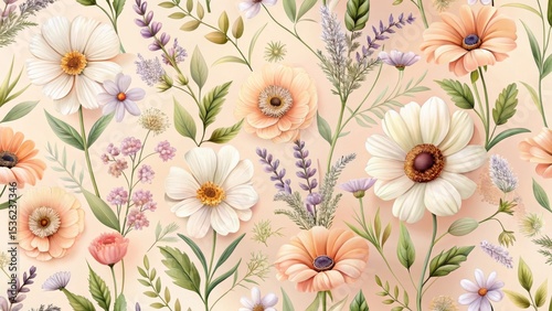 Elegant Floral Pattern Featuring Delicate Blooms and Lush Greenery in Soft Pastel Hues