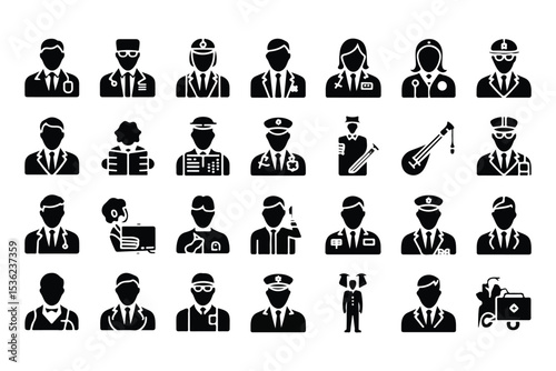 Profession occupation icon set. Vector glyph pictograms of doctor, engineer, teacher, musician, police officer, career, workforce, business black silhouette illustration.