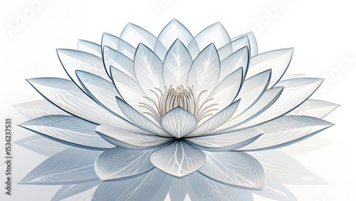Abstract translucent digital petals in radial symmetry like a soft tech flower, rendered in white and silver on a bright background, ideal for biotech, wellness-tech, and modern UI visuals