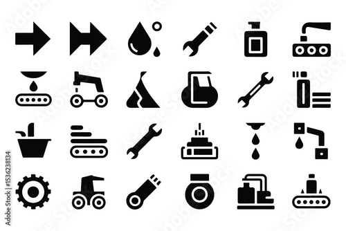 Manufacturing glyph icon set. Vector pictograms of forward, reverse, droplet, fluid, tool, wrench, lubrication, conveyor, hydraulic, pneumatic, black sign silhouette illustration
