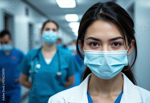 Confident Asian Female Doctor Wearing Protective Face Mask in Hospital Corridor