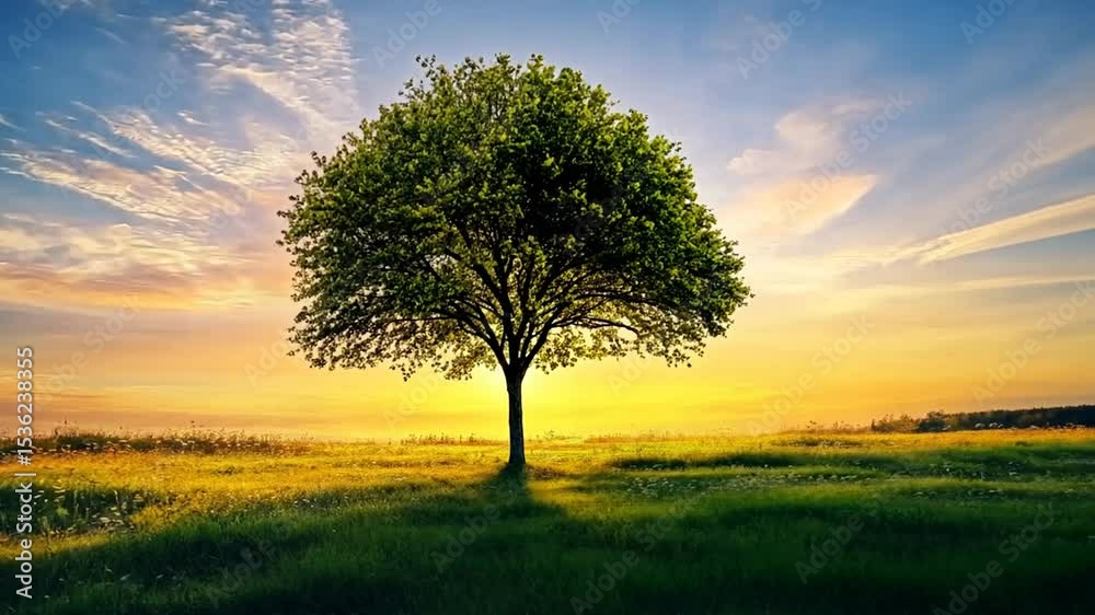 Magnificent solitary tree basking in the golden embrace of the rising sun on the horizon Magnificent solitary tree basking in the golden embrace of the rising sun on the horizon