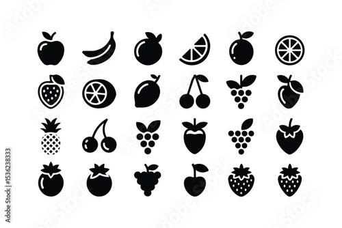 Fruits, berries icon set. Vector glyph pictograms of apple, banana, orange lemon, grape, pineapple, coconut, cherry, strawberry black silhouette illustration. Healthy fresh organic nutrition.