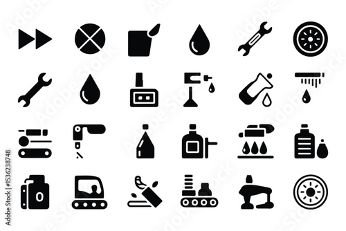 Manufacturing glyph icon set. Vector pictograms of forward, reverse, droplet, fluid, tool, wrench, lubrication, conveyor, hydraulic, pneumatic, black sign silhouette illustration. 
