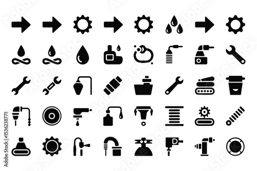 Manufacturing glyph icon set. Vector pictograms of forward, reverse, droplet, fluid, tool, wrench, lubrication, conveyor, hydraulic, pneumatic, black sign silhouette illustration. 