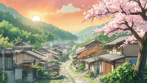 Anime-style peaceful mountain village at sunset with cherry blossoms and traditional Japanese architecture — serene and cinematic illustration