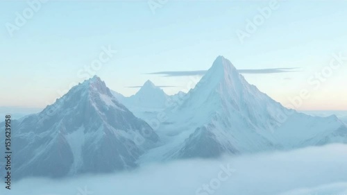 A breathtaking view of a majestic snow capped mountain peak under a clear blue sky with wispy clouds and rugged terrain