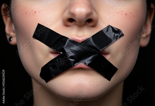 Woman s mouth covered with black tape censorship silence protest concept