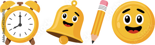 Alarm clock bell pencil emoji vector illustration cartoon yellow education study time reminder school 100 editable stock vector illustration