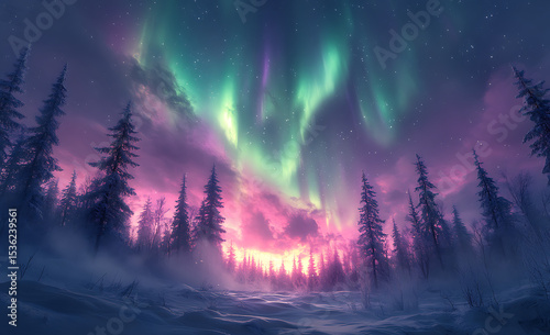 Vibrant Aurora Borealis Mockup Over Snowy Forest at Dusk with Mystical Glow


