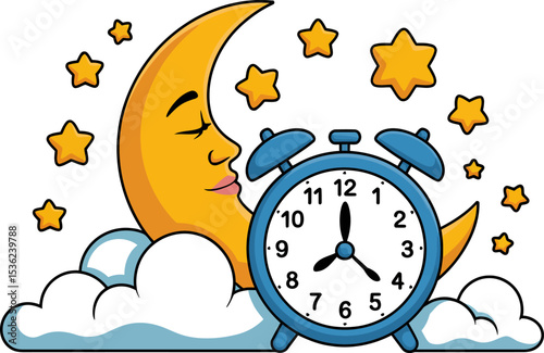 Cartoon moon with alarm clock and stars illustration for bedtime sleep time and good night themes art work editable stock vector illustration