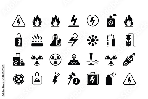 Industrial safety label glyph icon set. Vector pictograms of high voltage, flammable, explosive, toxic, corrosive, radioactive, laser hazard, magnetic, black sign silhouette illustration. 