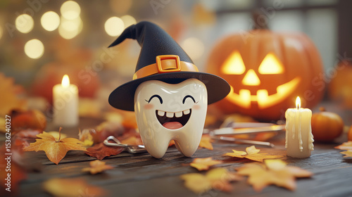 Happy molar with a Halloween witch hat smiles on a rustic wooden table
