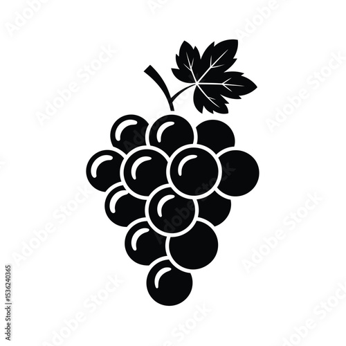 Black Grapes Cluster with Leaf Silhouette, Simple Fruit Icon Design