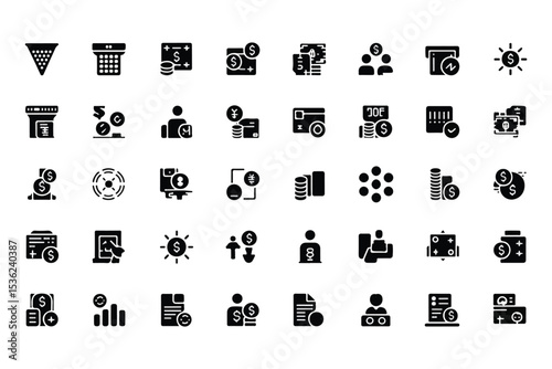 Financial transactions glyph icon set. Vector pictograms of terminal, secure, split, currency exchange, confirmation, scheduled, deposit, invoice, billing, black sign silhouette illustration.