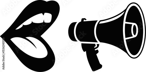 Black and white vector illustration of lips speaking into a megaphone for communication concept design editable stock vector illustration