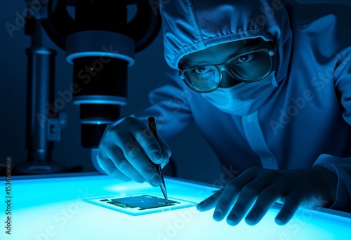 Focused Technician Examining Microchip Circuit Board Under Blue Light in Cleanroom Laboratory