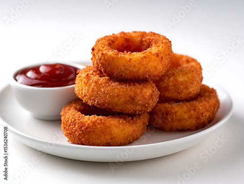 Delicious Plate of Onion Rings with Ketchup Isolated on a white Background. Generative AI white 17175429 1