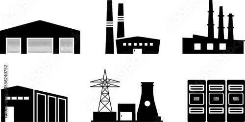 Industrial buildings factories warehouses power plants icons vector silhouette set illustration design graphic 100 editable stock vector illustration