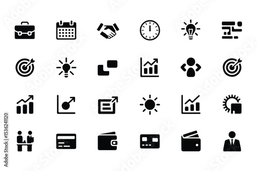 Business general glyph icon set. Vector pictograms of briefcase, handshake, calendar, clock, lightbulb, idea, target, graph, credit, card, wallet, black sign silhouette illustration