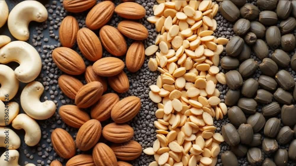 A vibrant tableau of nature s bounty, showcasing an artful arrangement of nuts, seeds, and dried fruits, each a testament to the nutritional power of wholesome foods, presented against a pristine