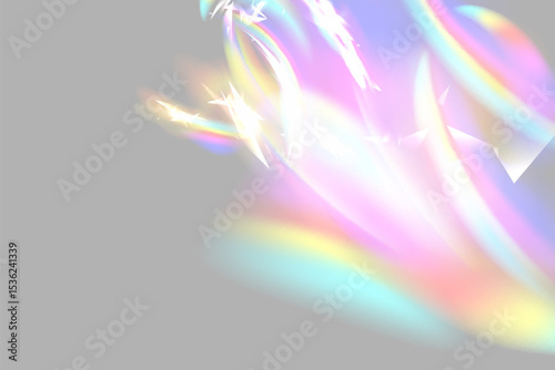 Prism light overlay with rainbow light effect, transparent flares of crystal diamond, vector background.