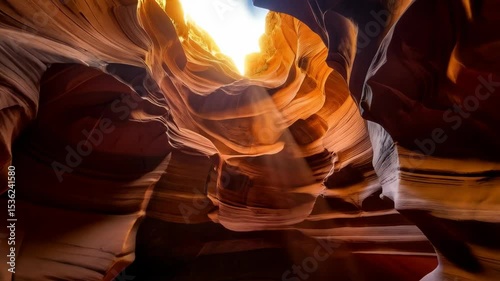 Sunlight streaming through the opening of a sandstone slot canyon with smooth, curved walls and sand dunes on the canyon floor creating a unique geological landscape.