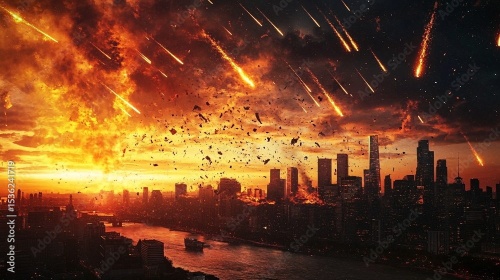 Fototapeta premium A dramatic urban skyline engulfed in fiery destruction, with meteors raining down from a stormy sky.