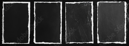 Four rectangular, dark-toned photographic or art negative-style frames with torn paper edges