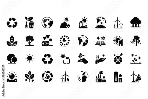 Eco and sustainability icon set. Vector glyph pictograms of recycle, tree, solar panel, wind turbine, environment, renewable energy, and conservation concept black silhouette illustration.