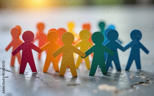 Colorful paper figures holding hands, symbolizing unity and collaboration, stand together on a textured stone surface, representing diversity and community strength. High quality