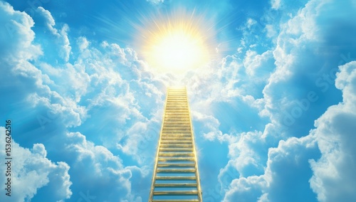 A golden ladder is rising into the sky, surrounded by clouds and shining sunlight. The scene includes an endless horizon of light blue sky with white fluffy clouds.