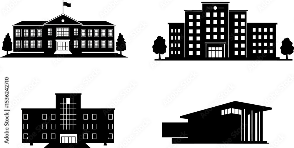 Obraz premium School building vector silhouette university college education campus architecture icon set graphic design 100 editable stock vector illustration