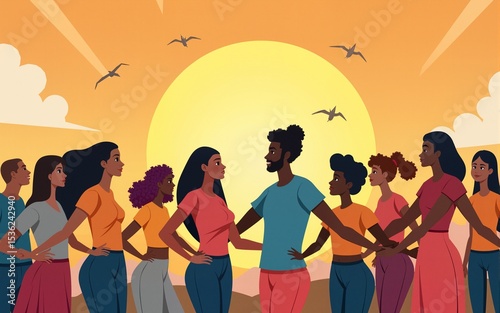 Dessin vectoriel illustrant la solidarité humaine avec des amis de race et de culture différentes qui s'enlacent et qui avancent ensemble. Ils s'aident les uns les autres. High quality