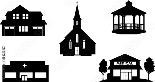 Vector buildings silhouette set house church gazebo hospital medical center black and white architecture 100 editable stock vector illustration