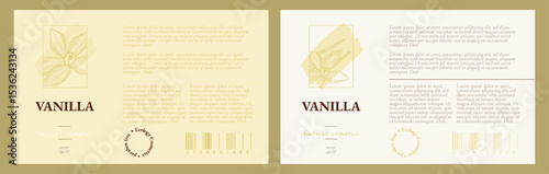 Vanilla-scented cream package labels set. Packaging of Vanilla cosmetics for skin. Aromatherapy and spa. Design template with hand drawn graphics.