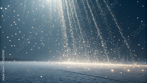 Abstract digital rain of glowing particles falling in soft vertical motion blur on pure white background, elegant minimal light effect, futuristic sparkle, clean technology concept