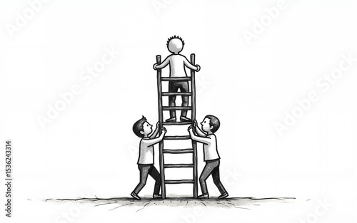 Drawing of people forming a ladder, helping each other climb, symbolizing mutual support. High quality